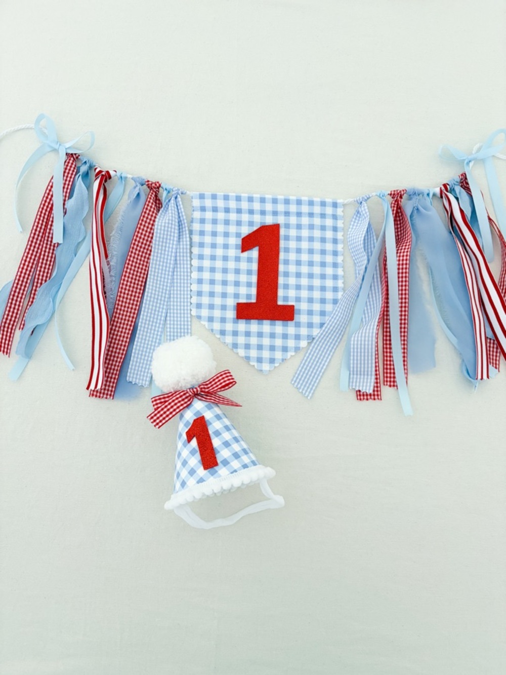 Handmade Americana Blue & Red First Birthday Banner and Matching Hat
